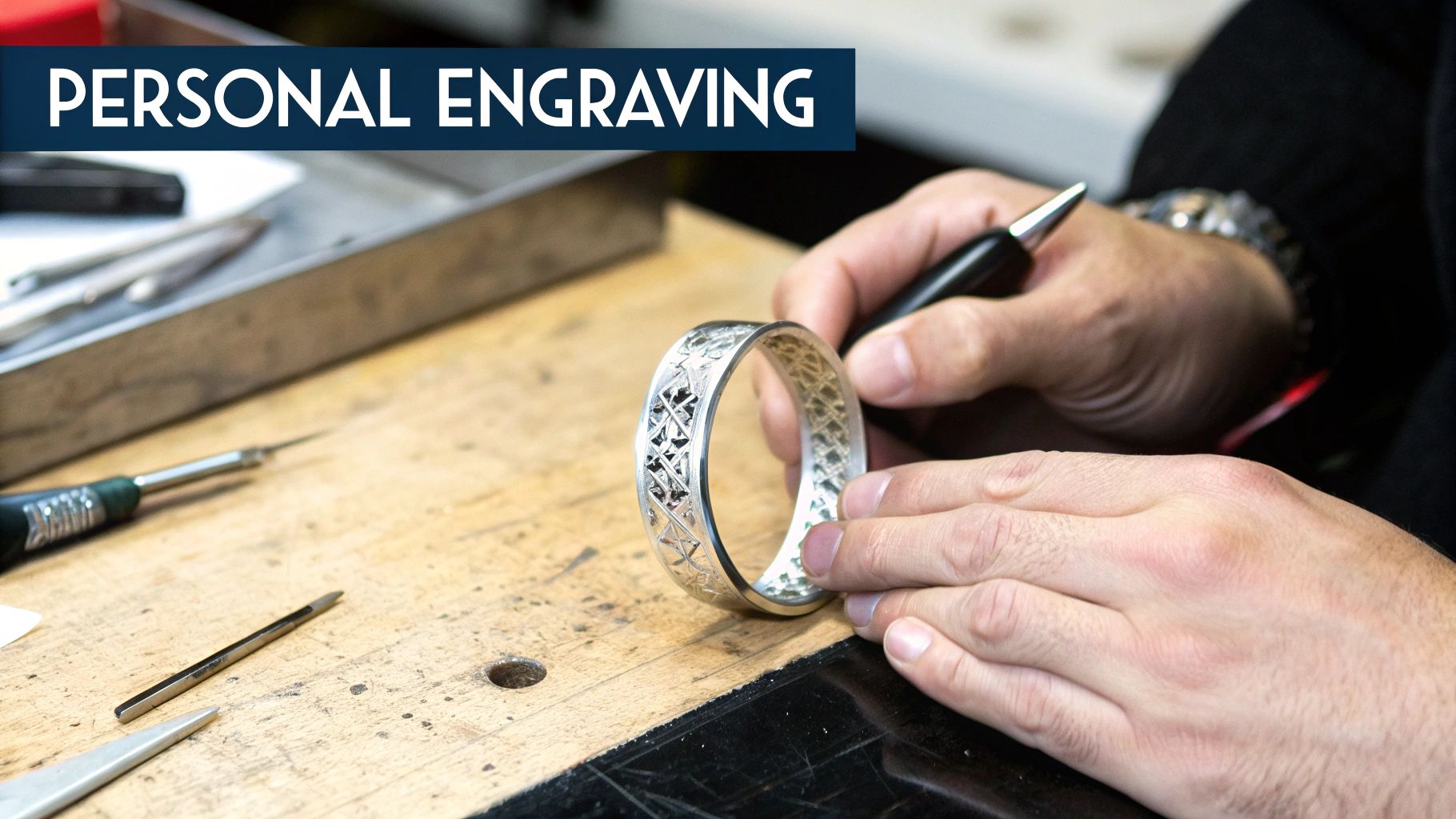 Close-up of hands meticulously engraving a detailed silver bracelet on a rustic workbench.