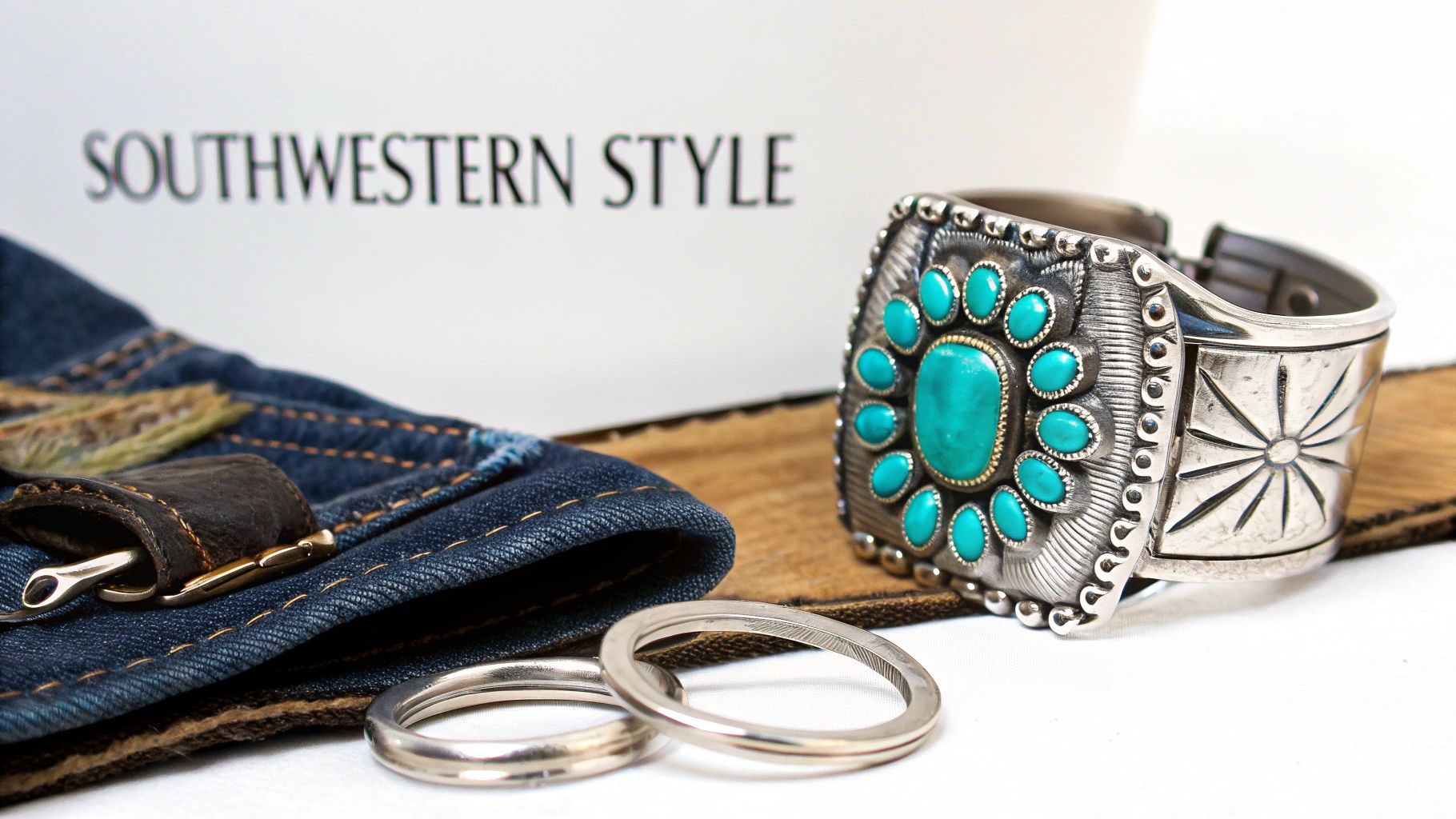 A silver cuff bracelet with turquoise stones, denim, and silver rings against a 'Southwestern Style' background.