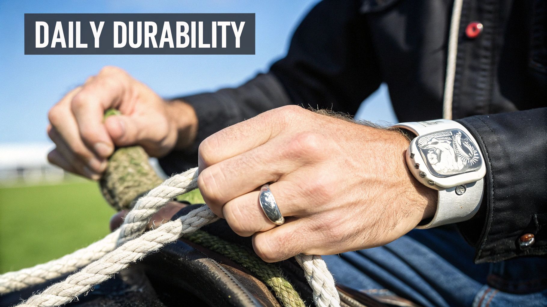 A close-up of a woman's hands wearing both sterling silver and stainless steel rings and bracelets against a rustic, Southwestern background.