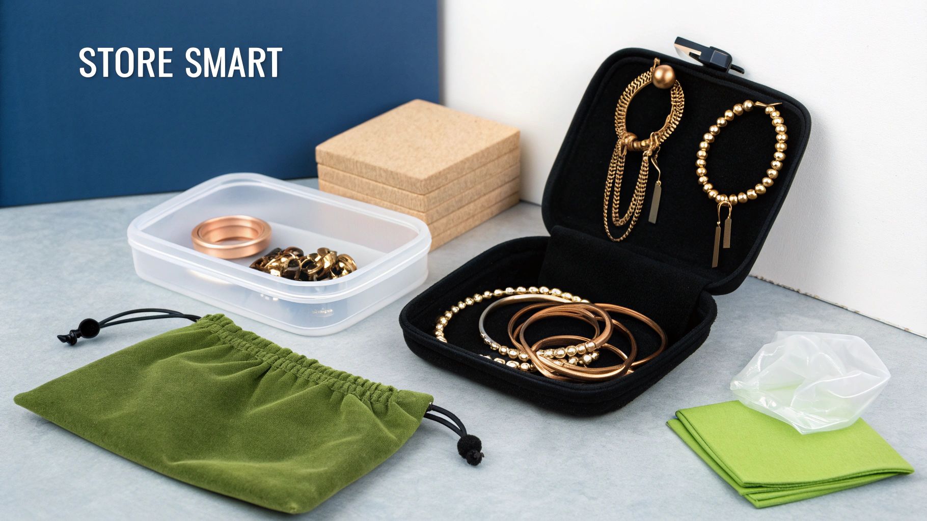 A collection of Southwestern-style copper jewelry laid out on a soft cloth next to storage pouches.