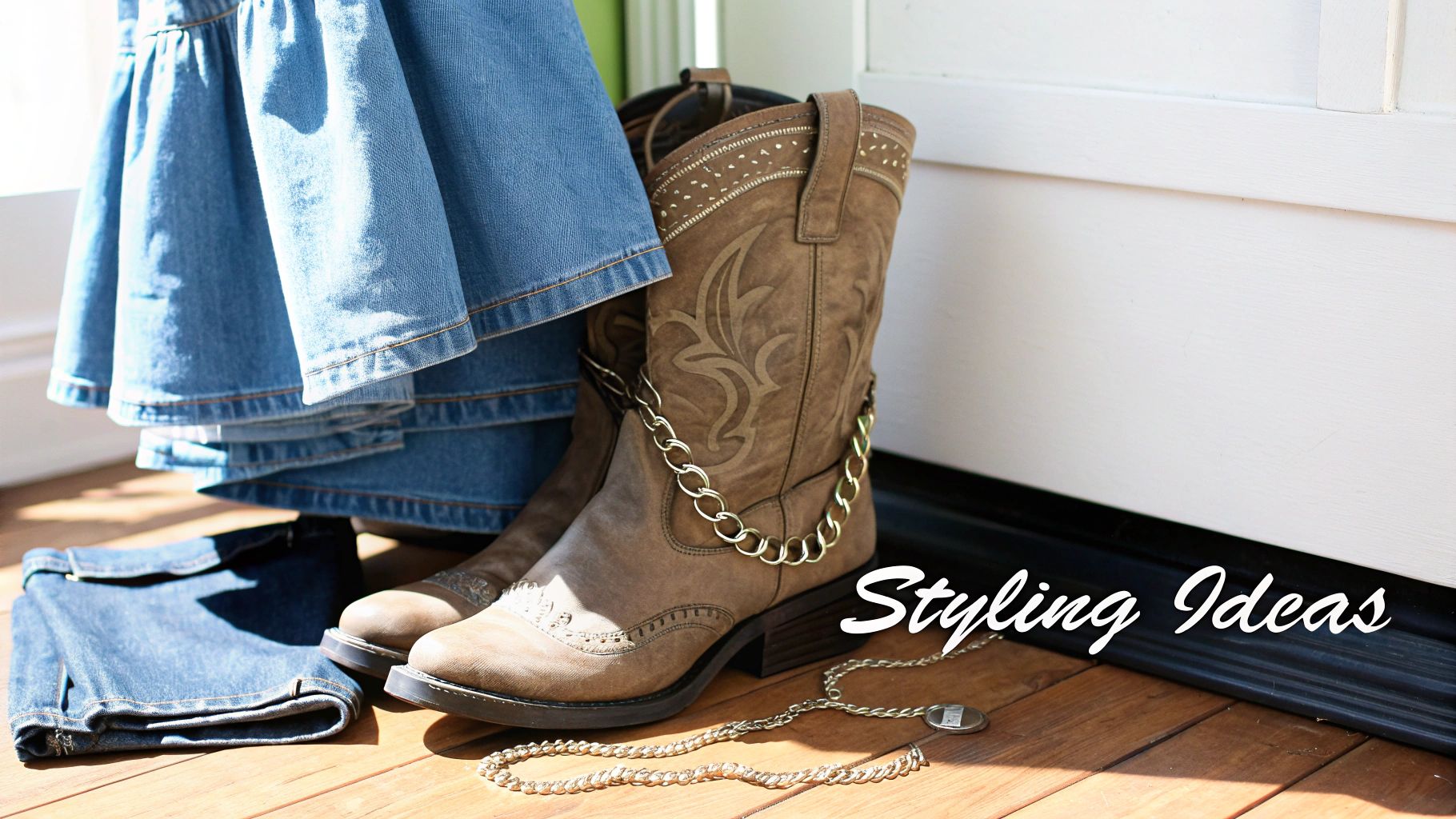 Brown cowboy boots with gold chain accents stand next to denim clothing on a bright wooden floor.