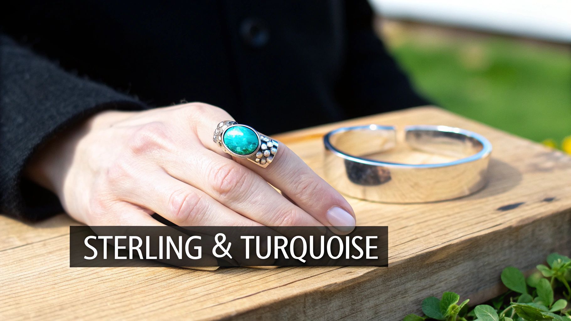 A hand wears a large silver ring with a vibrant turquoise stone next to a silver cuff bracelet on wood.