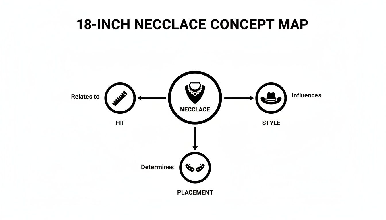 Concept map illustrating how an 18-inch necklace relates to fit, influences style, and determines placement.