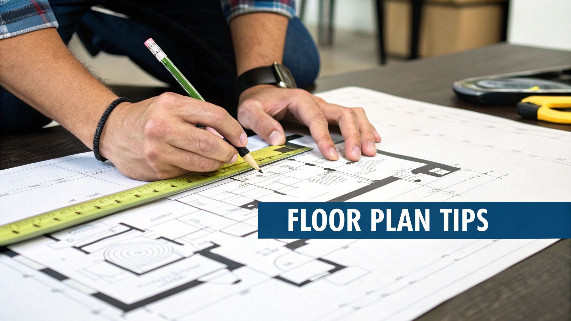 Close-up of an architect's hands drawing a floor plan with a pencil and ruler, wearing a watch.