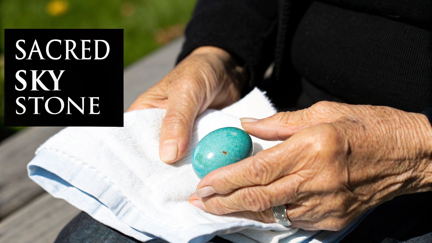 Wrinkled hands gently hold a smooth, teal egg-shaped stone on a white cloth.