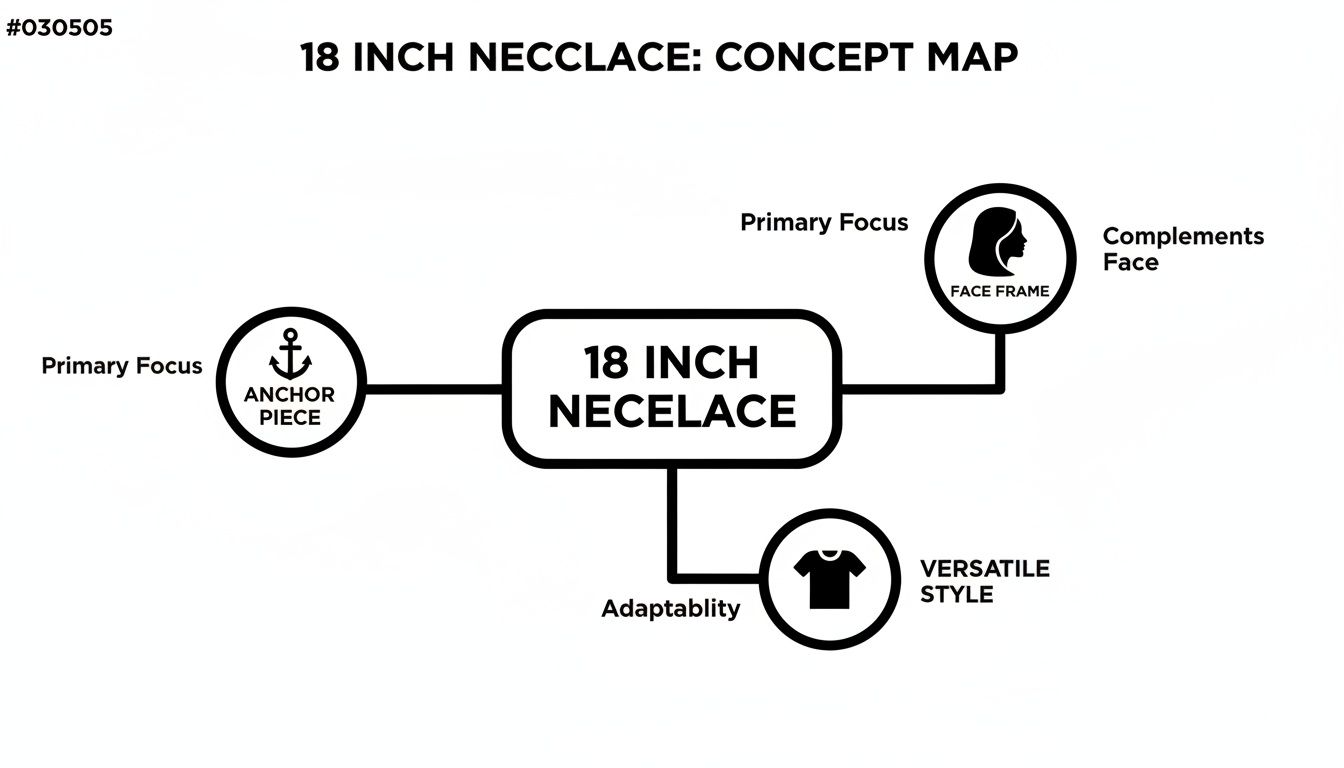 Concept map detailing an 18-inch necklace as an anchor piece, face frame, and versatile style.
