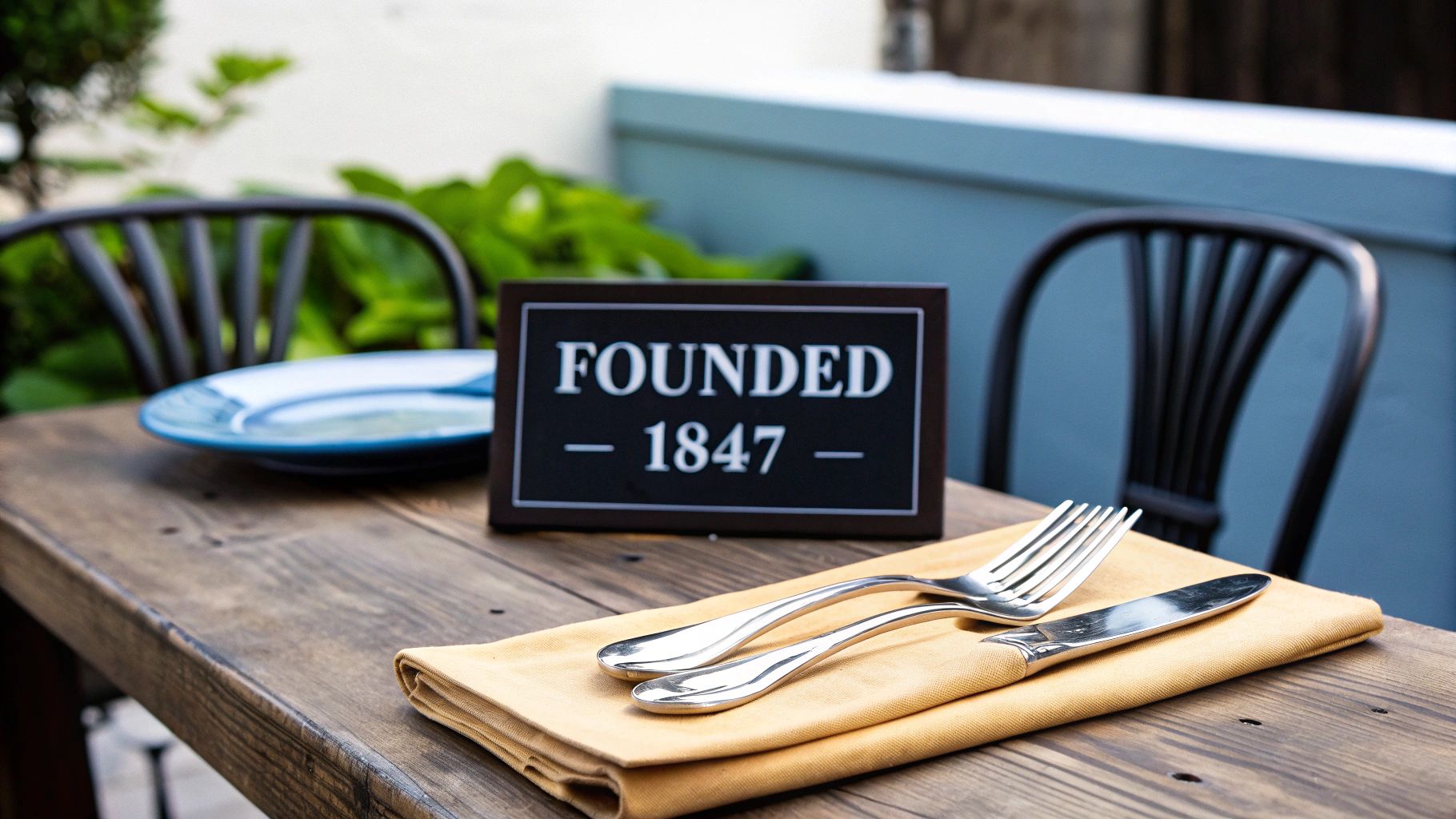 An outdoor restaurant table set with a blue plate, silverware, and a "FOUNDED - 1847 -" sign.