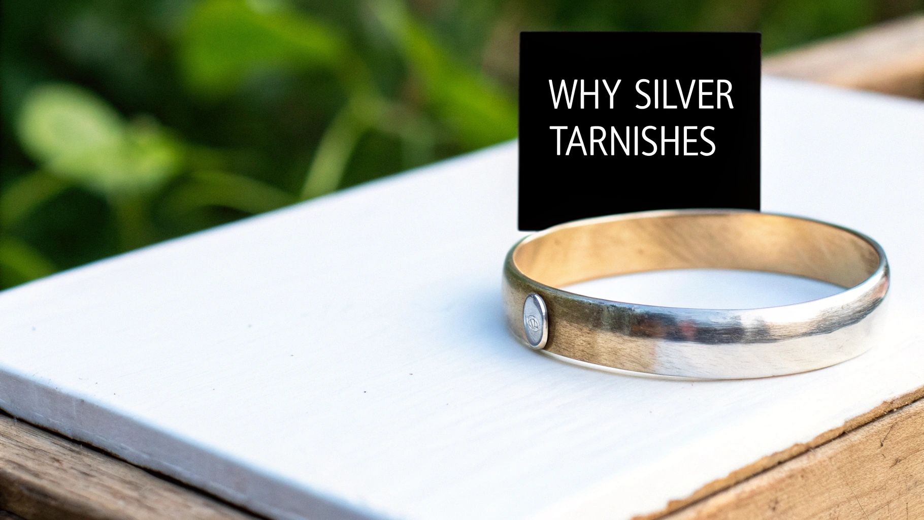 A two-tone bracelet, with the silver half tarnished, on a white board with text 'WHY SILVER TARNISHES'.