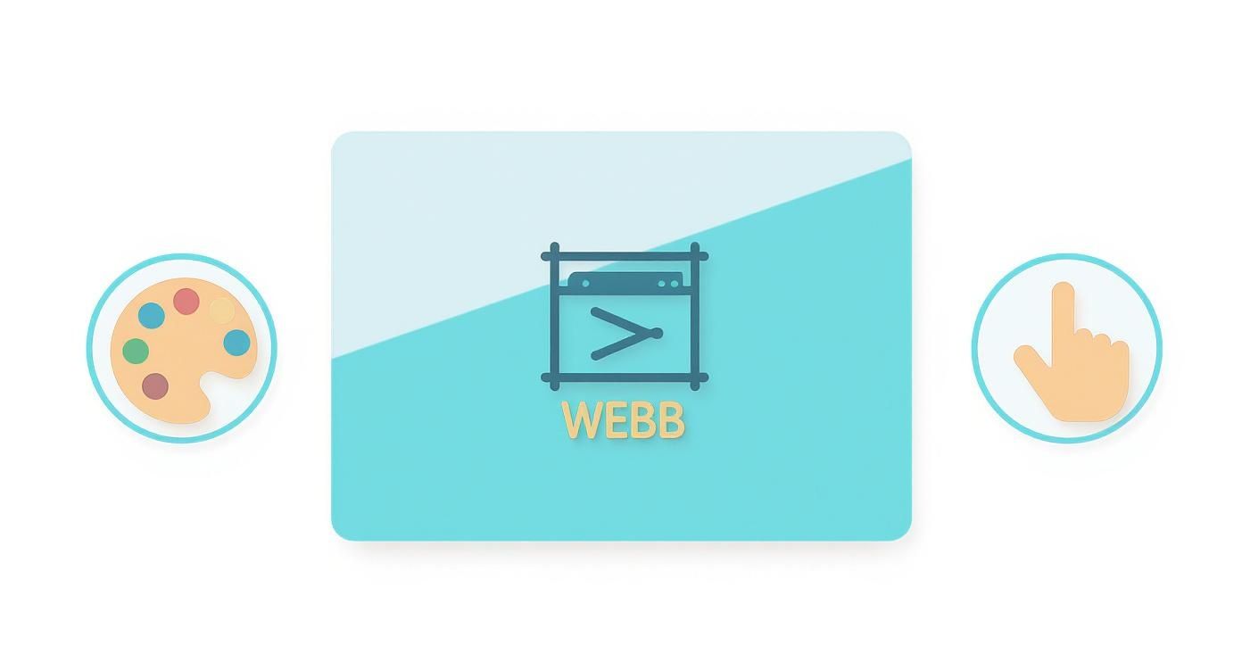 An illustration featuring a server icon with 'WEBB' text, a painter's palette, and a hand cursor.