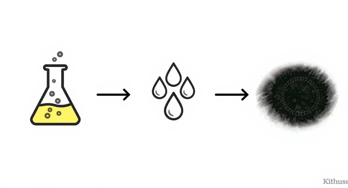 Illustration of a chemical process: a flask, liquid drops, and a dark circular reaction product.