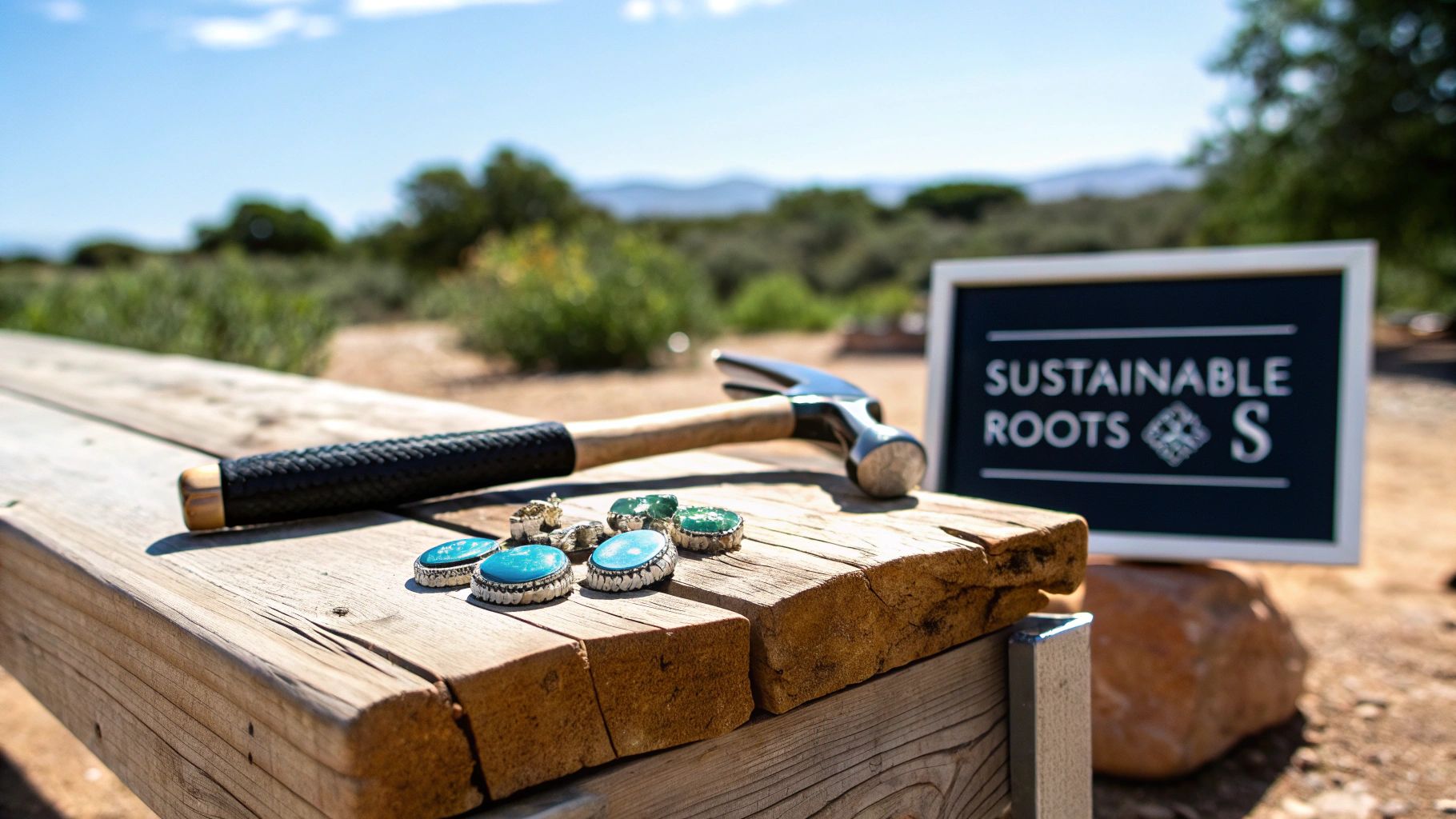 Hammer and handcrafted jewelry with blue and green stones on wood, with a 'Sustainable Roots' sign outdoors.