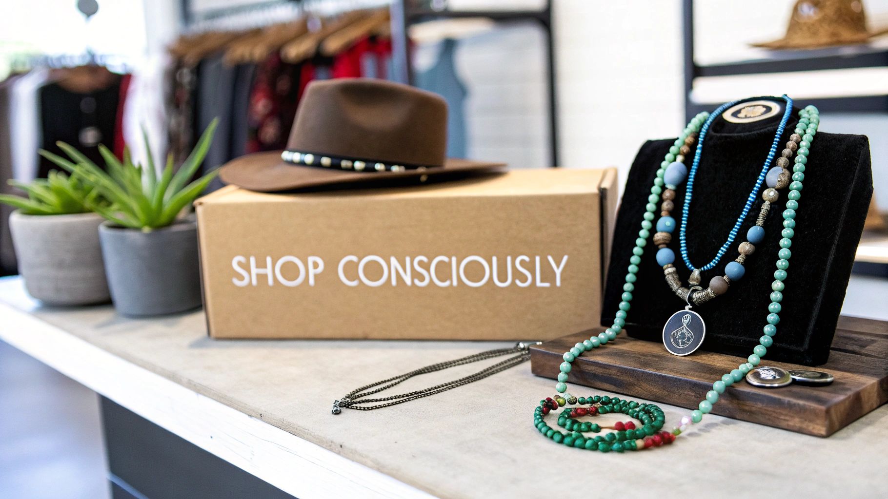A retail display featuring various beaded necklaces, a brown fedora hat, a box saying "SHOP CONSCIOUSLY," and small potted plants.