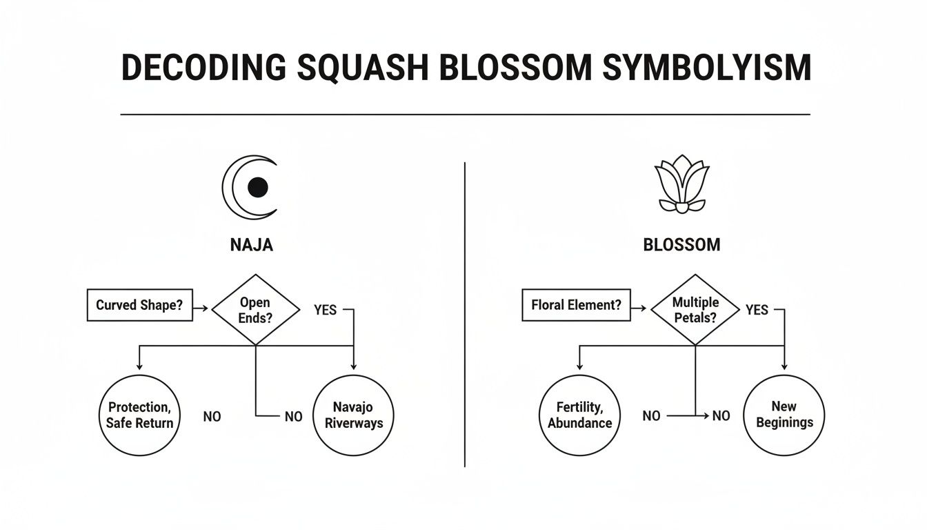 Flowchart illustrating the symbolism and meanings of Naja and Blossom elements in squash blossom jewelry.