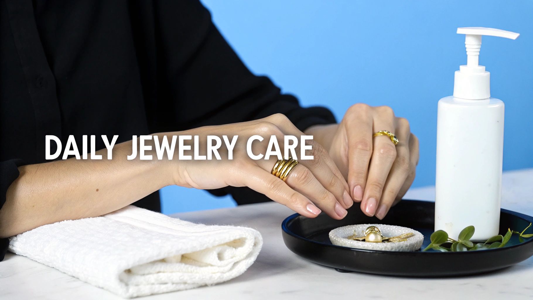 Close-up of hands with gold rings, a towel, soap, and a dish of jewelry for daily care.