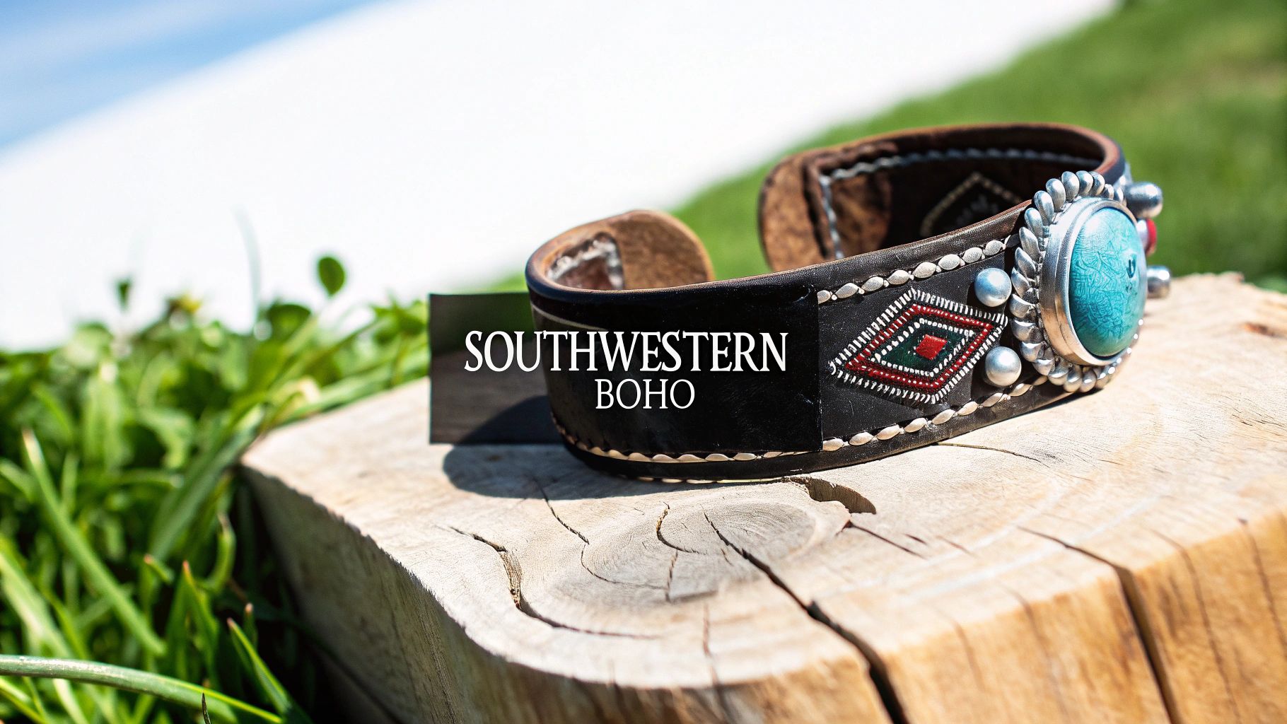 A black leather Southwestern Boho cuff bracelet with a prominent turquoise stone and intricate beaded details on wood.