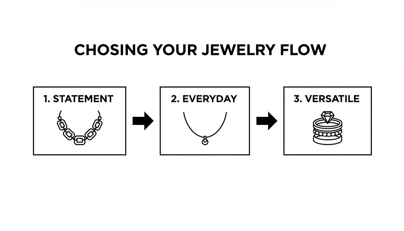 Diagram illustrating jewelry flow: statement necklace, everyday pendant, and versatile stackable rings.