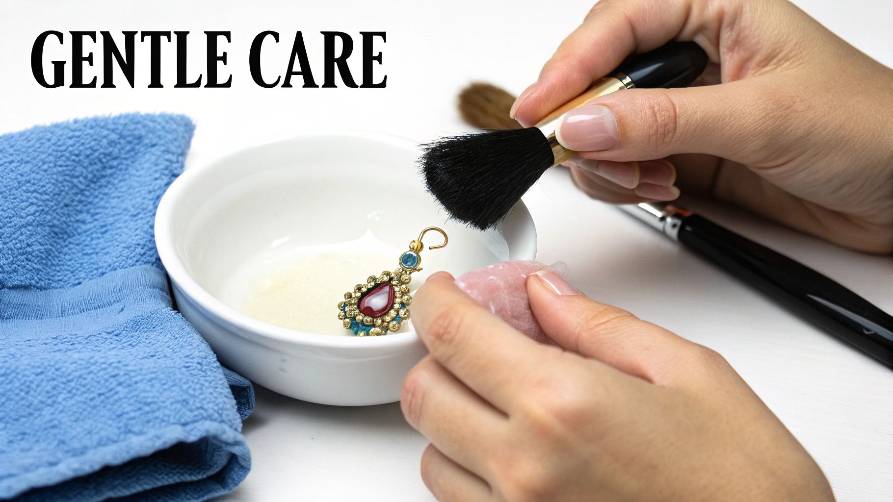 A person is gently cleaning a decorative gold and jeweled earring with a small brush, placed in a bowl, alongside a blue towel.
