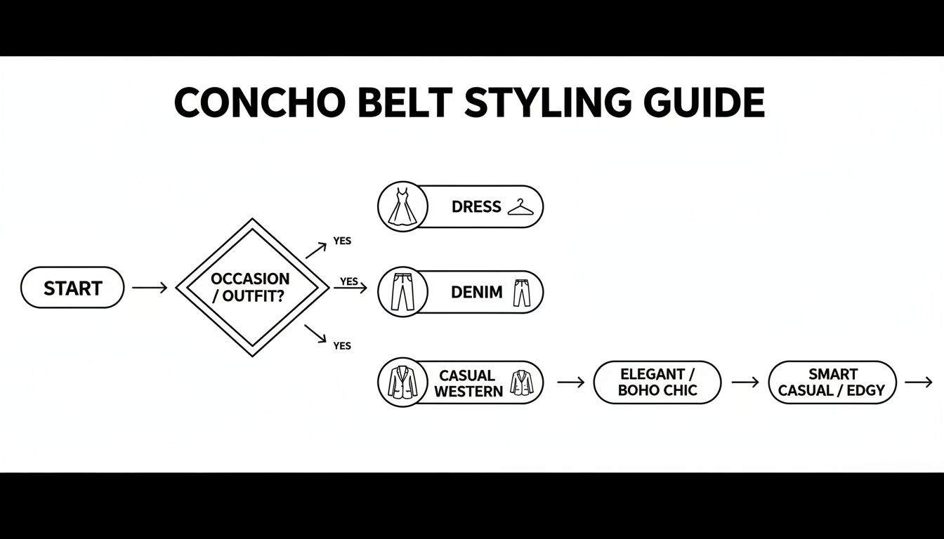 Flowchart showing a concho belt styling guide for different outfits like dresses, denim, and casual western looks.