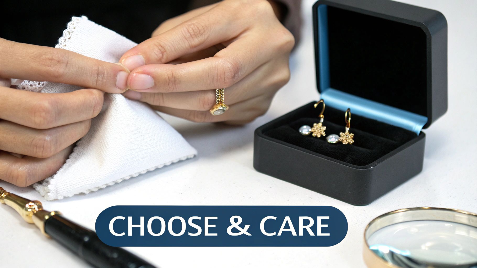 Close-up of hands cleaning a white cloth, next to a black jewelry box with gold snowflake earrings.