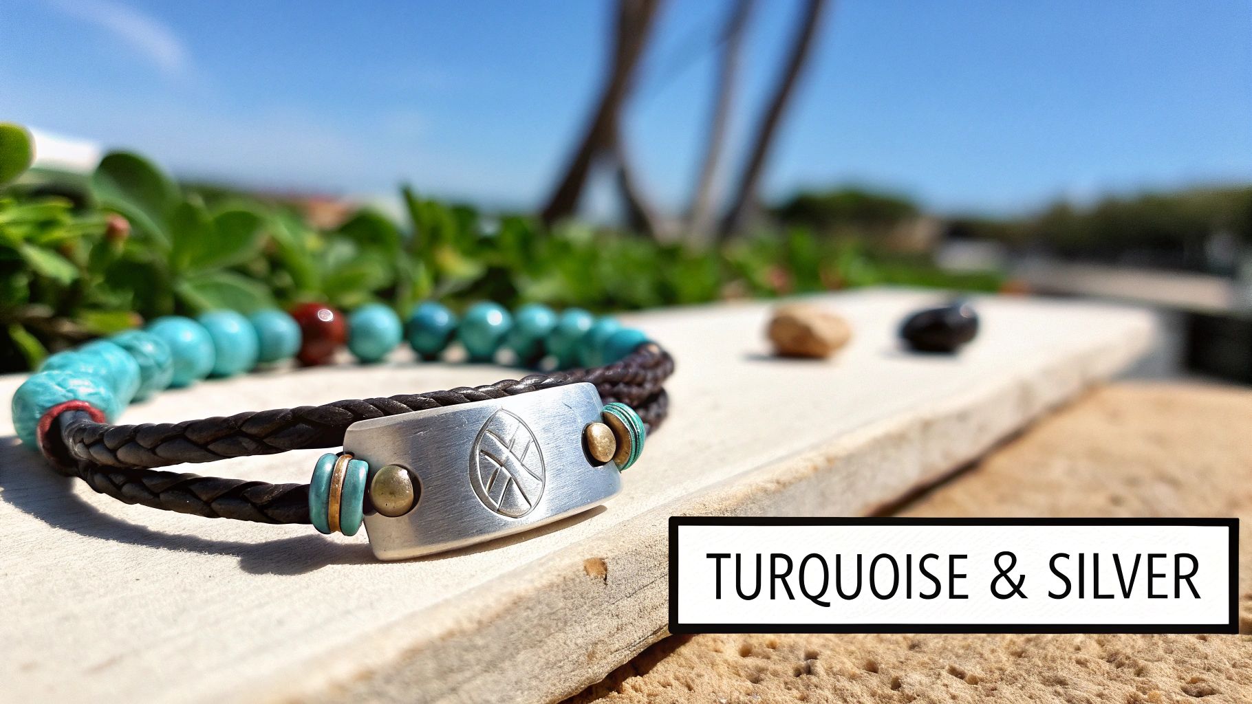 A close-up of a silver cuff bracelet with a large turquoise stone