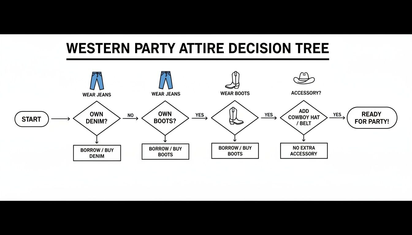 A flowchart guiding users through decisions for western party attire, including denim, boots, and accessories.