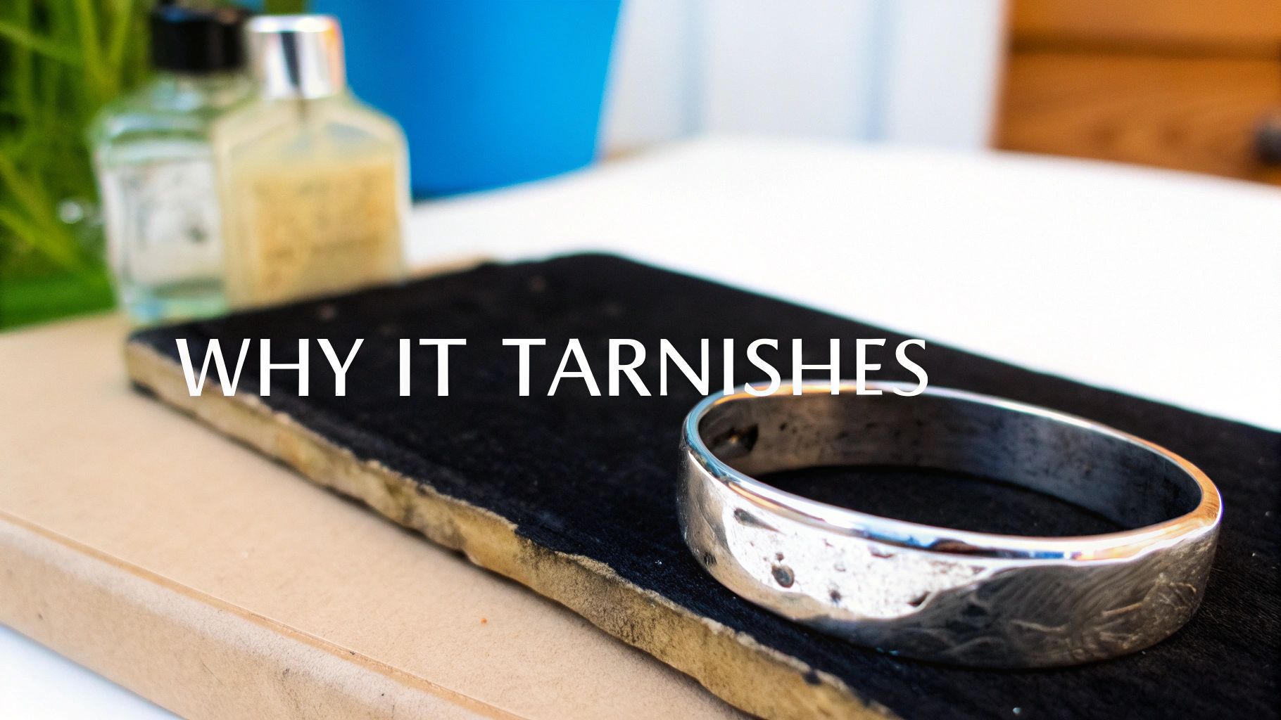 Close-up of a tarnished sterling silver Southwestern cuff bracelet.