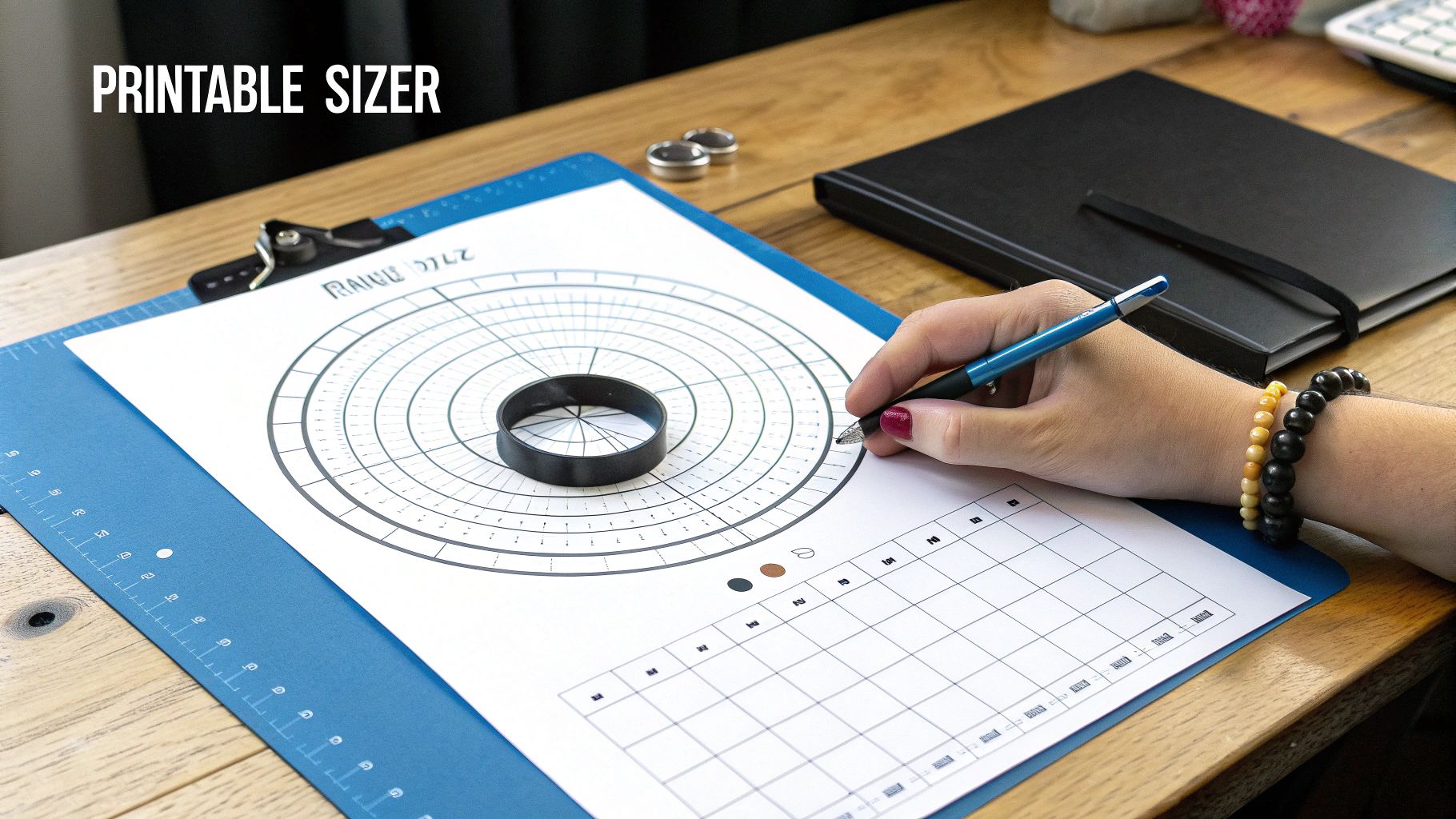 A hand writes on a printable ring sizer with a black ring, on a blue clipboard and wooden desk.