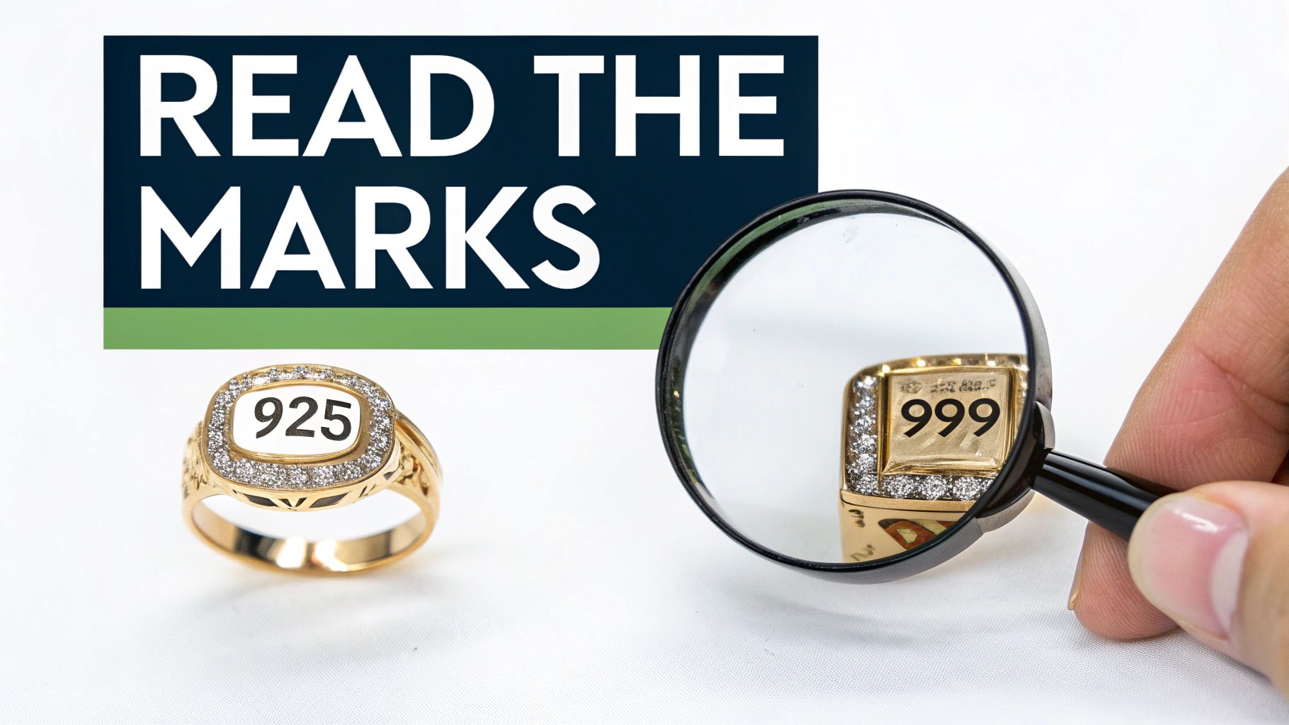 A gold ring marked '925' and a magnifying glass showing another ring marked '999'.