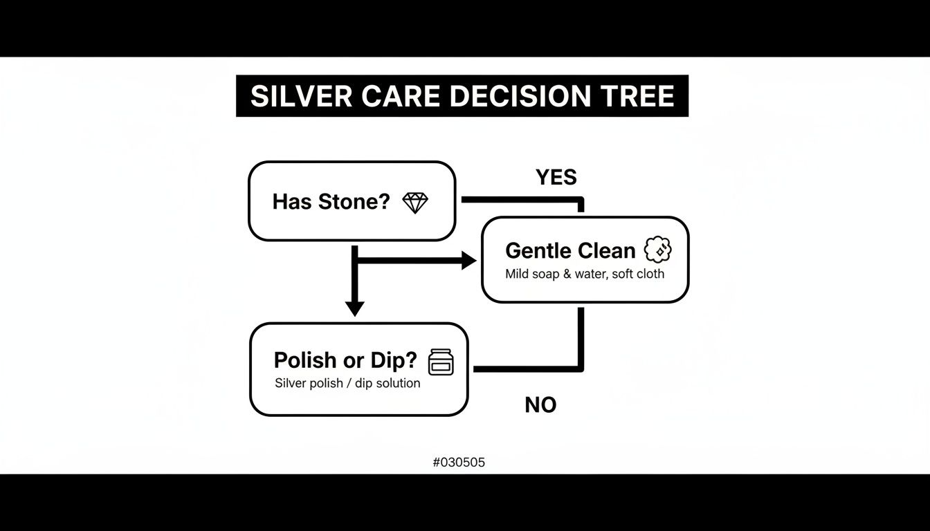A silver care decision tree flowchart provides instructions for cleaning silver items based on stone presence.