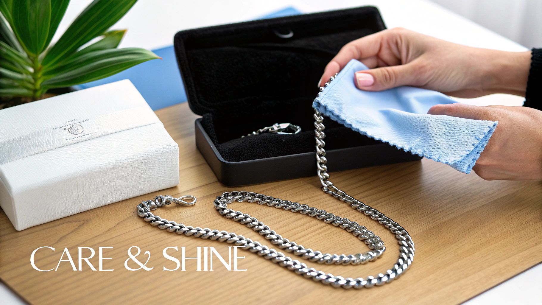 A person's hands delicately clean a silver chain necklace with a blue cloth next to its storage box.