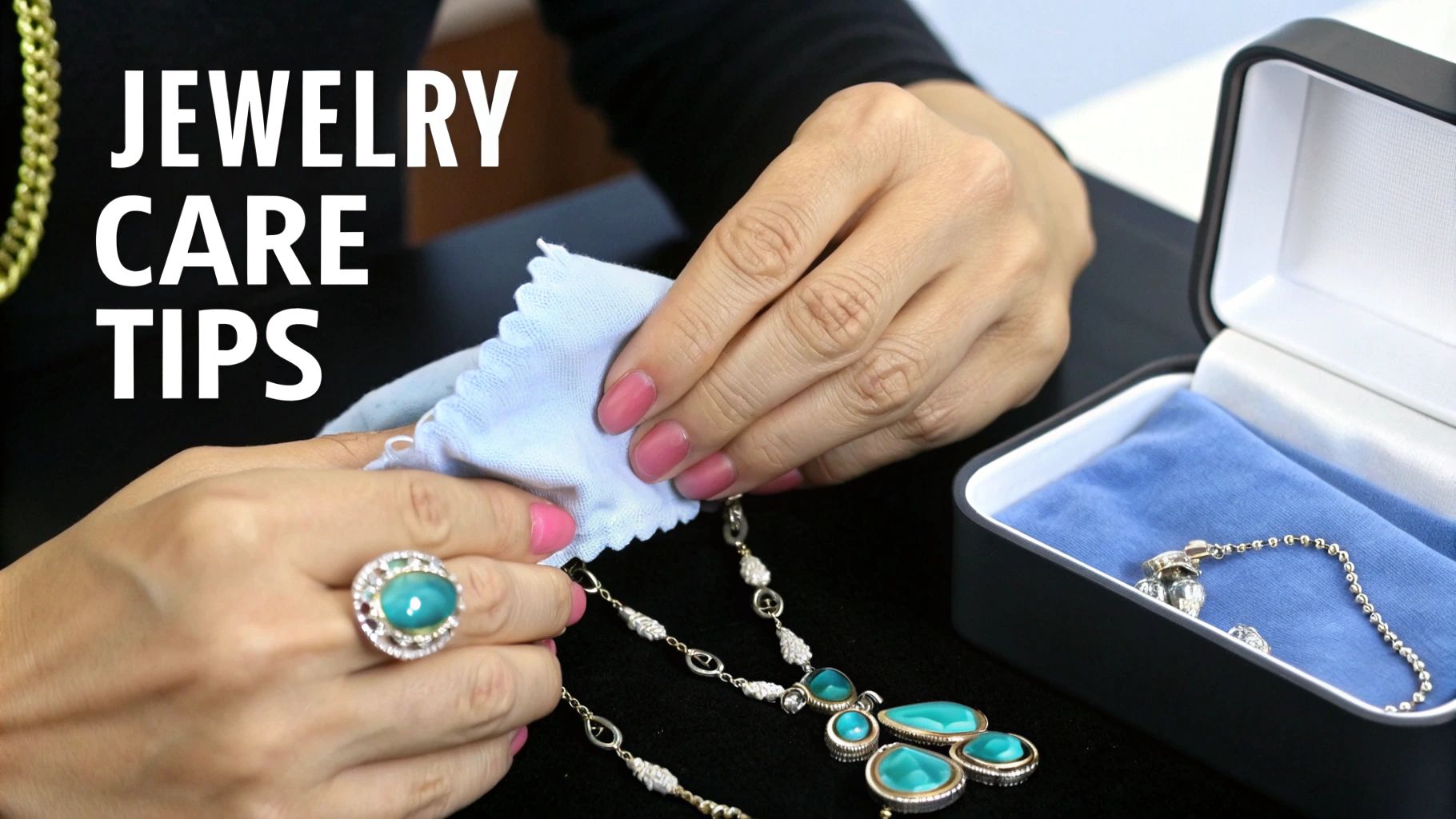 Hands carefully polishing a turquoise necklace with a soft cloth, illustrating jewelry care tips.