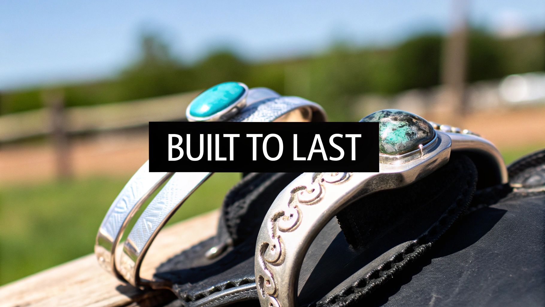 Two ornate silver bracelets with turquoise stones resting on a black saddle outdoors, with text "BUILT TO LAST".
