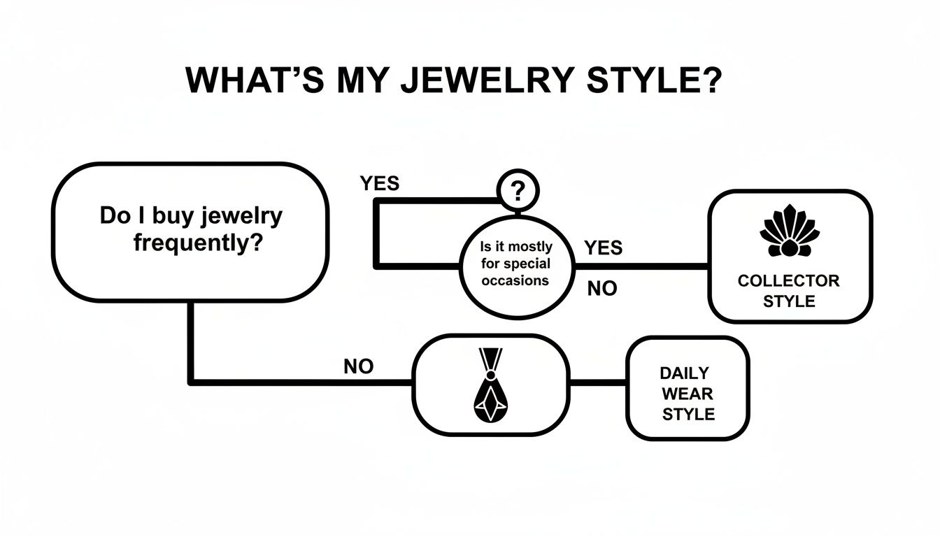 A flowchart titled 'What's My Jewelry Style?' guiding users to Collector Style or Daily Wear Style.