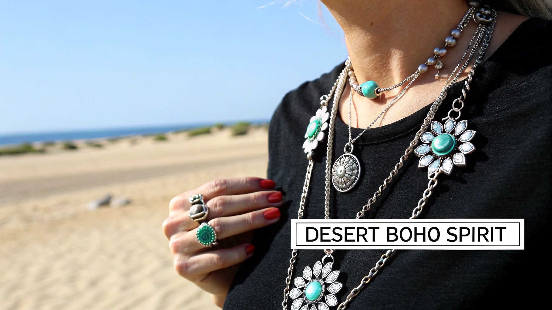 A person wears layered sterling silver boho necklaces with turquoise and rings on a desert beach.