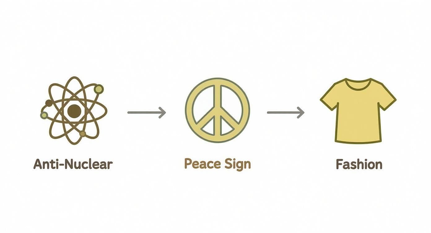 Diagram showing the evolution of the peace sign from an anti-nuclear symbol to a fashion item.
