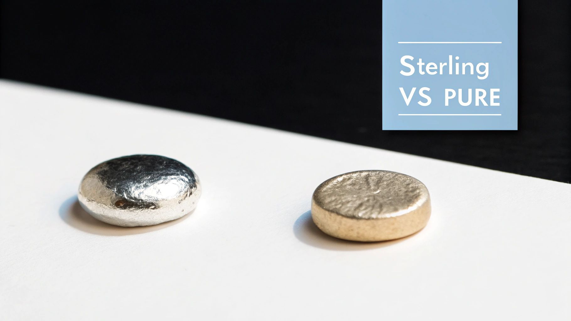 Two metallic ingots, one shiny silver and one dull golden, on a white surface with 'Sterling VS PURE' text.