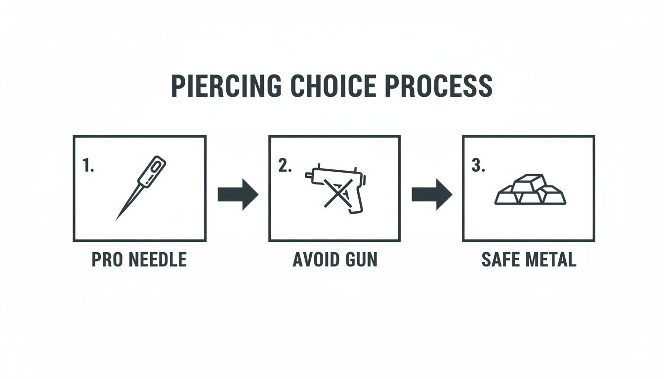 A clear infographic guiding the piercing choice process: use a professional needle, avoid guns, and select safe metal.