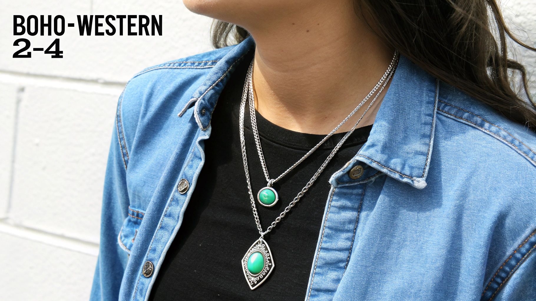 Close-up of a person wearing a denim shirt and two layered silver necklaces with green pendants.