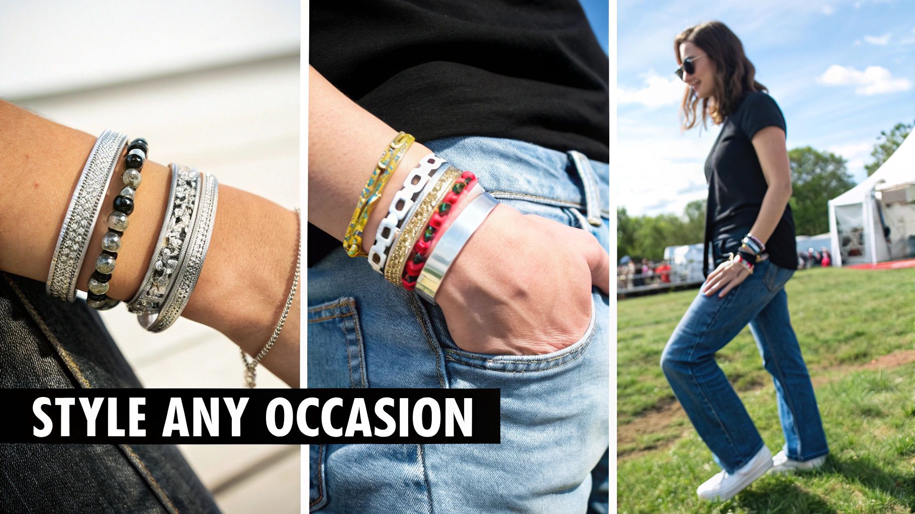 A collage of three images showcasing various bracelets on women's wrists for different styles and occasions.