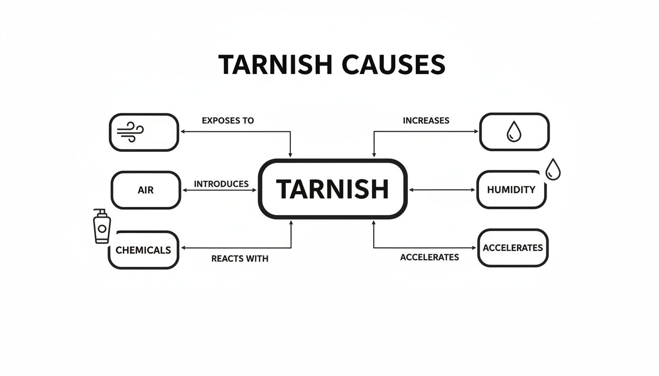 A diagram illustrating the causes of tarnish, showing air, chemicals, and humidity as contributing factors.