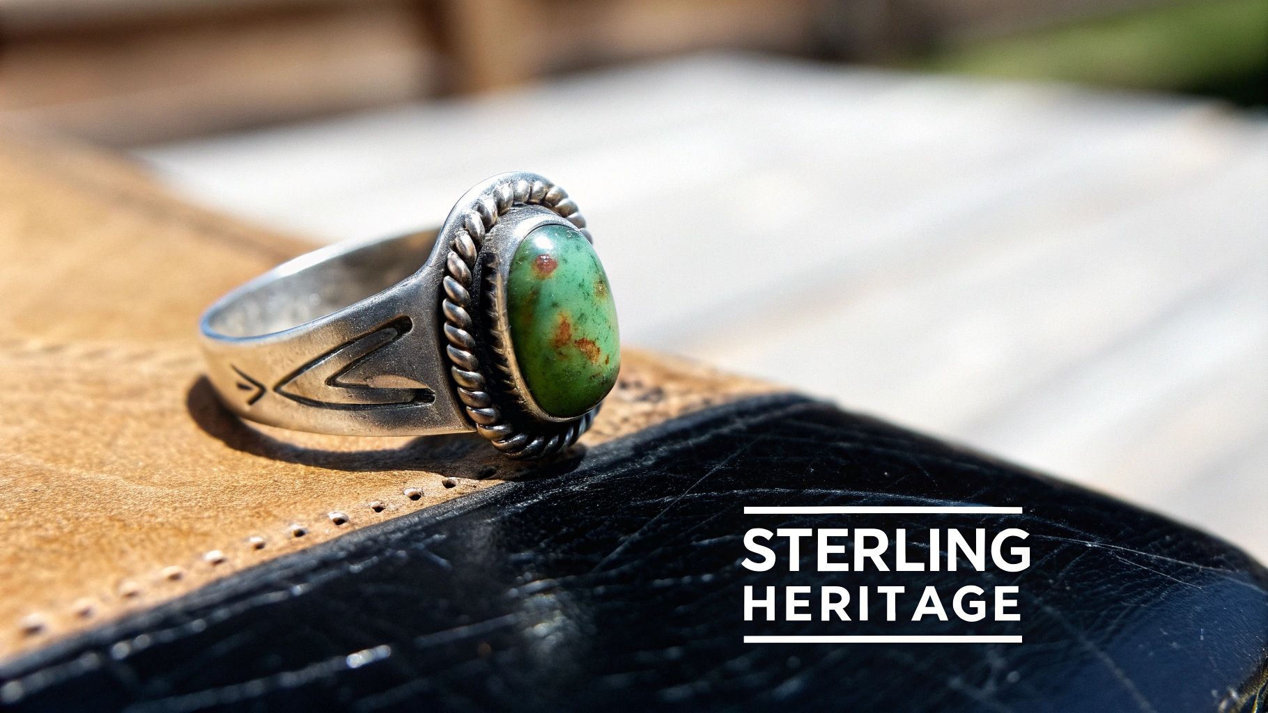 Close-up of a sterling silver ring with an oval green turquoise stone and etched details.