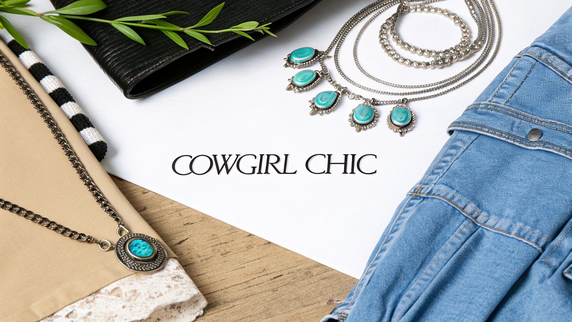 Stylish silver and turquoise Western jewelry with denim, a black clutch, and 'Cowgirl Chic' text.