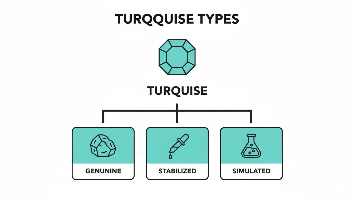 An infographic illustrating turquoise types: genuine, stabilized, and simulated, each with a unique icon.