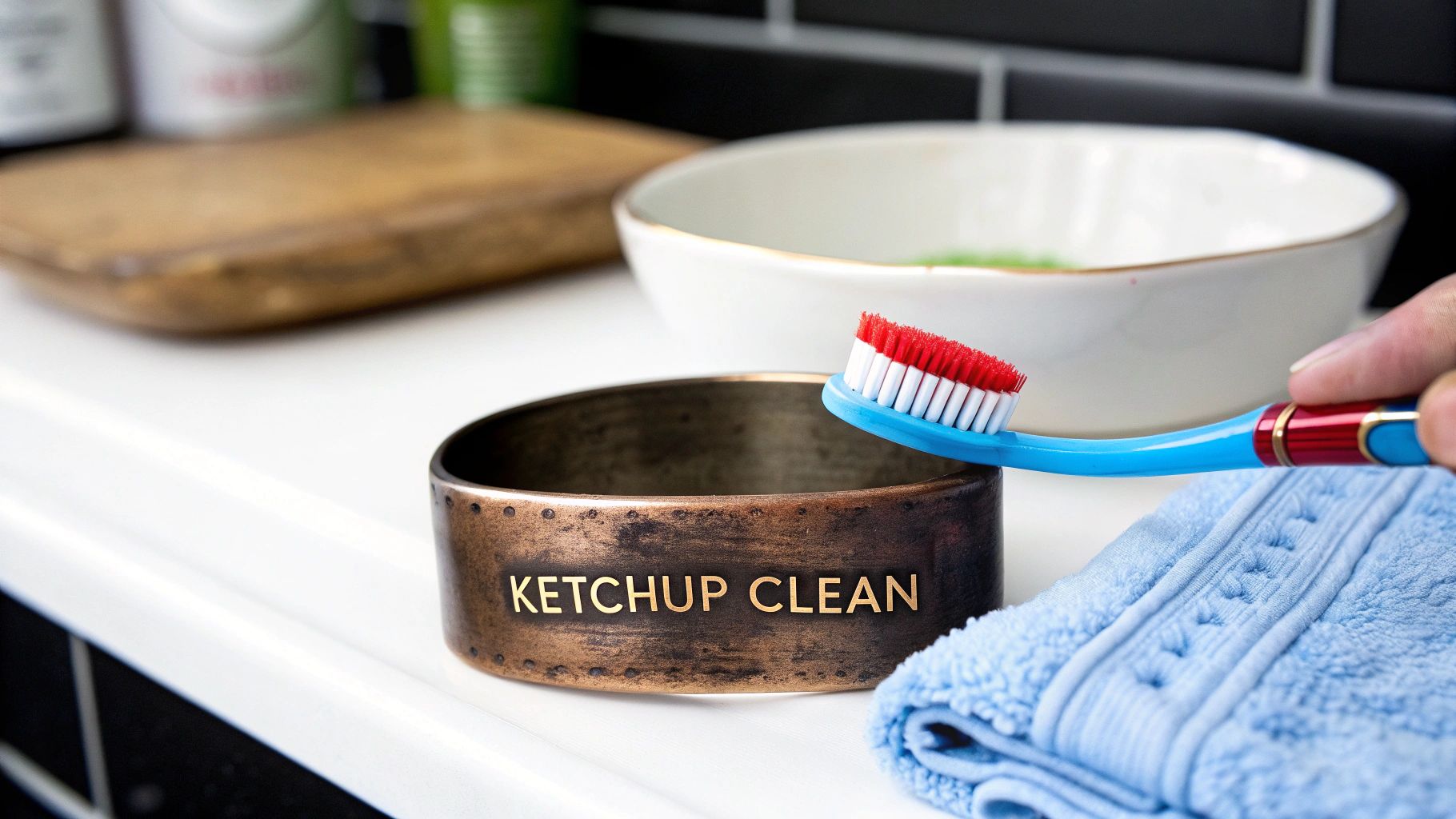 A bottle of ketchup next to a tarnished copper bracelet.