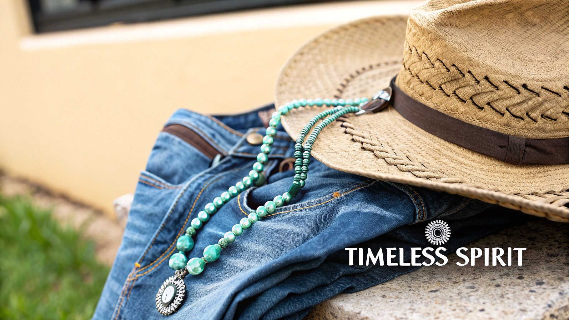A straw cowboy hat, blue jeans, and a turquoise beaded necklace with a silver pendant, representing a timeless spirit.