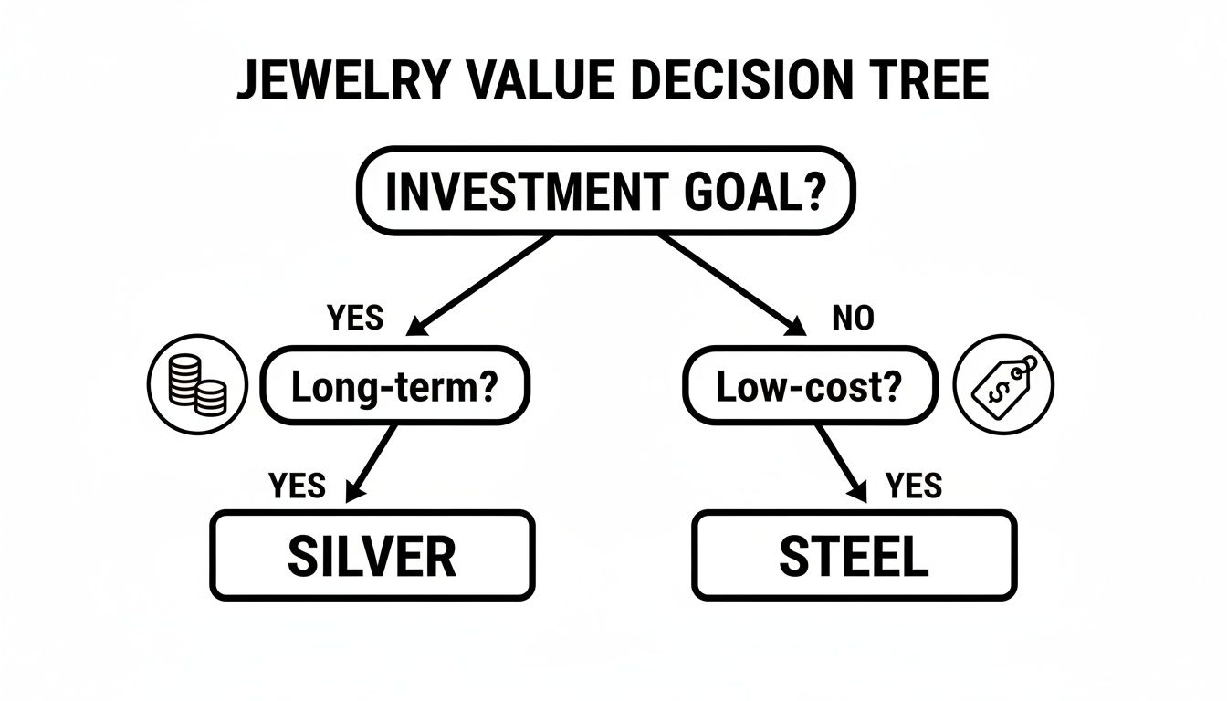 A jewelry value decision tree flowchart guiding choices between silver and steel based on investment goals.
