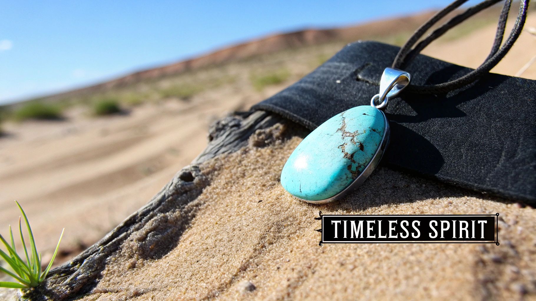 A vibrant turquoise pendant with a silver bail and black cord rests on sand next to driftwood.