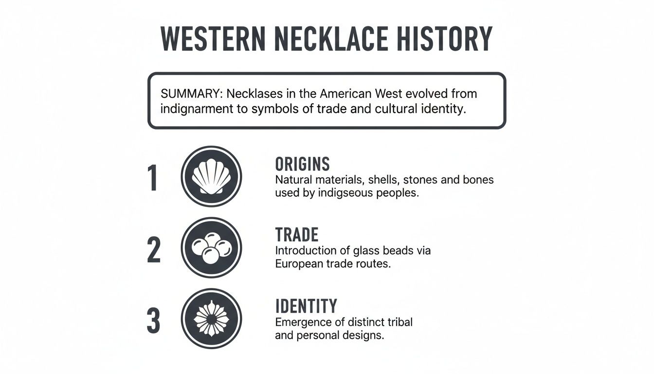 Infographic showing the history of Western necklaces, from natural materials to trade beads and tribal designs.