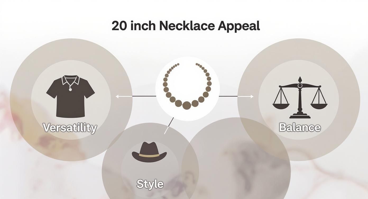 An infographic detailing the appeal of a 20-inch necklace, emphasizing versatility, balance, and style.