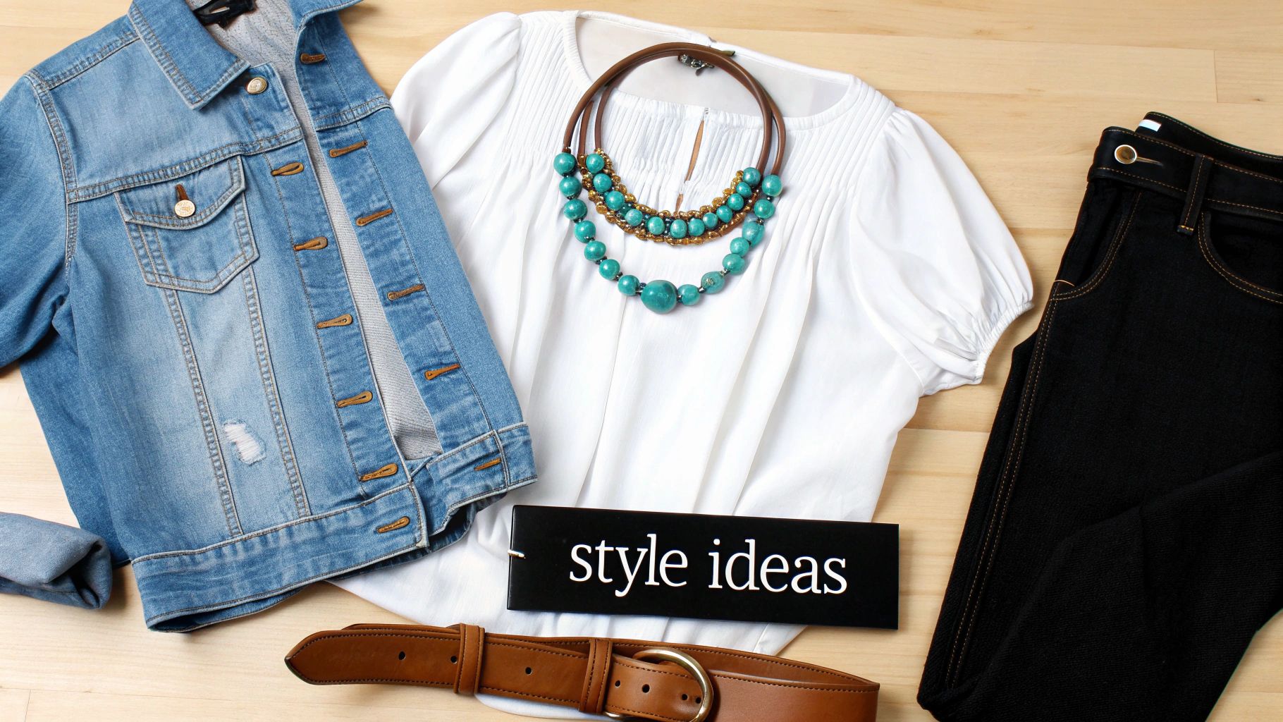 A flat lay of a women's outfit featuring a denim jacket, white blouse, turquoise necklace, black jeans, and brown belt.